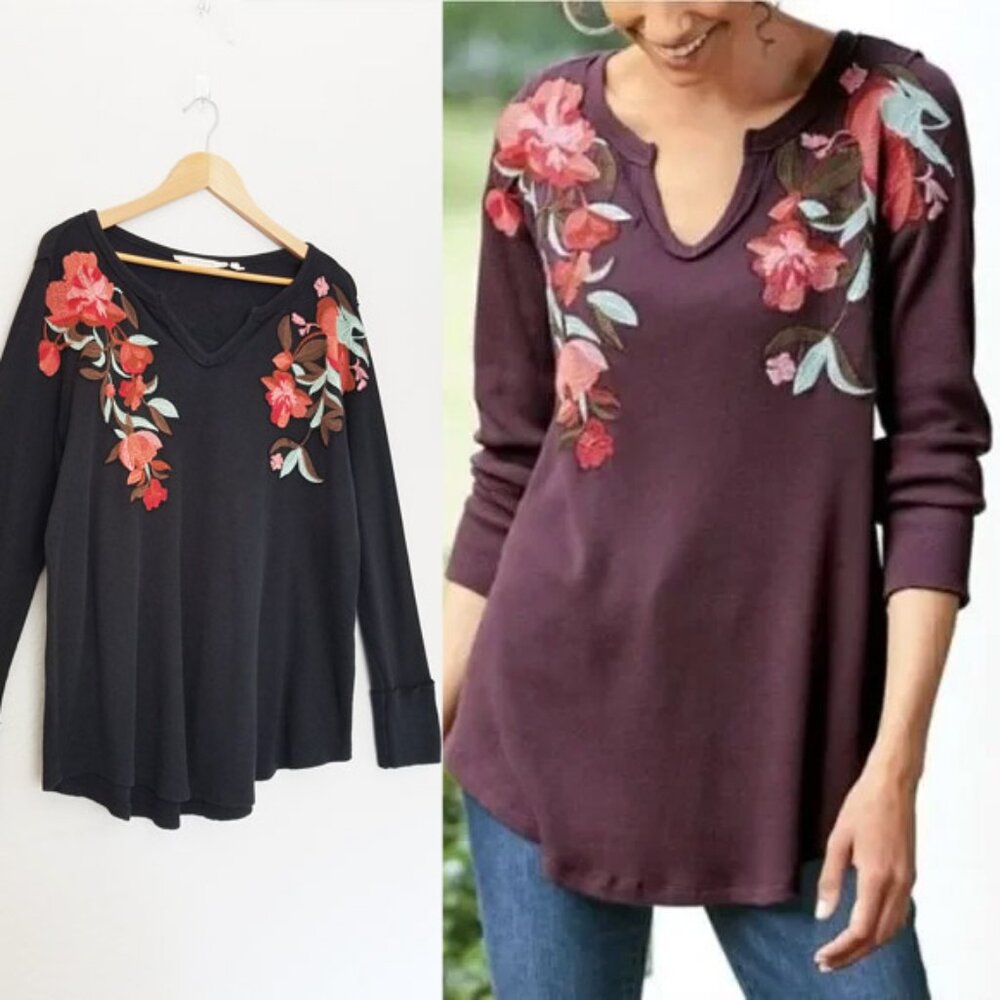 Soft Surroundings Wildflower Floral Embroidered Thermal Top Waffle Knit Black L - Picture 15 of 16